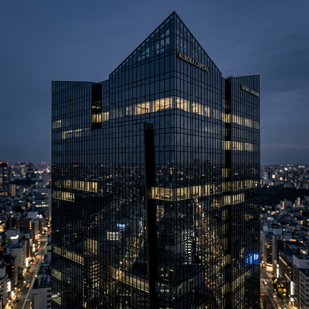 Modern corporate skyscraper at dusk